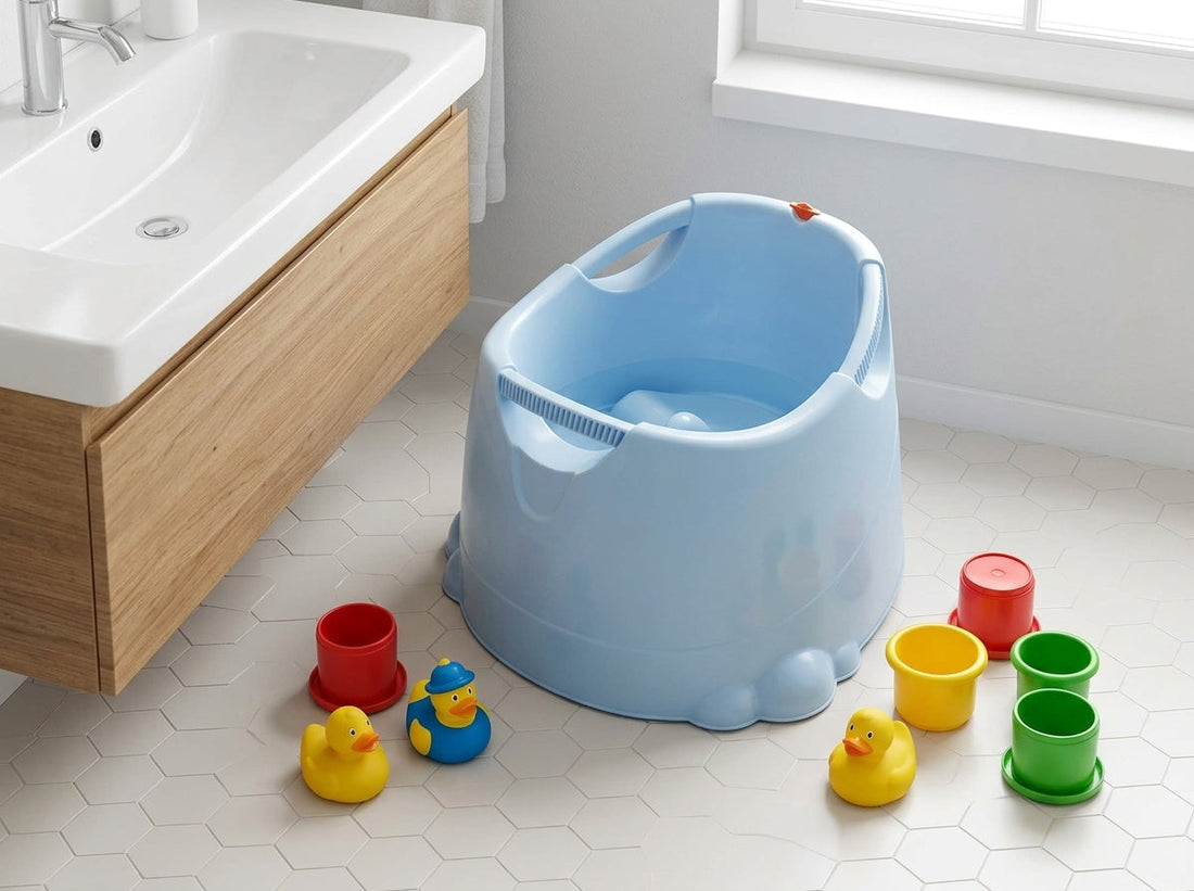 Opla badje met badspeelgoed in een heldere badkamer