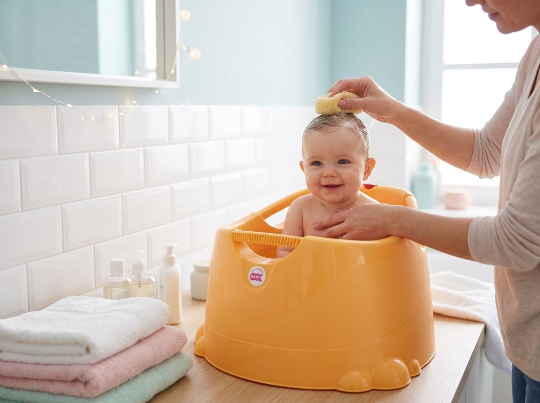 Baby in Opla badje op het aanrecht tijdens het baden