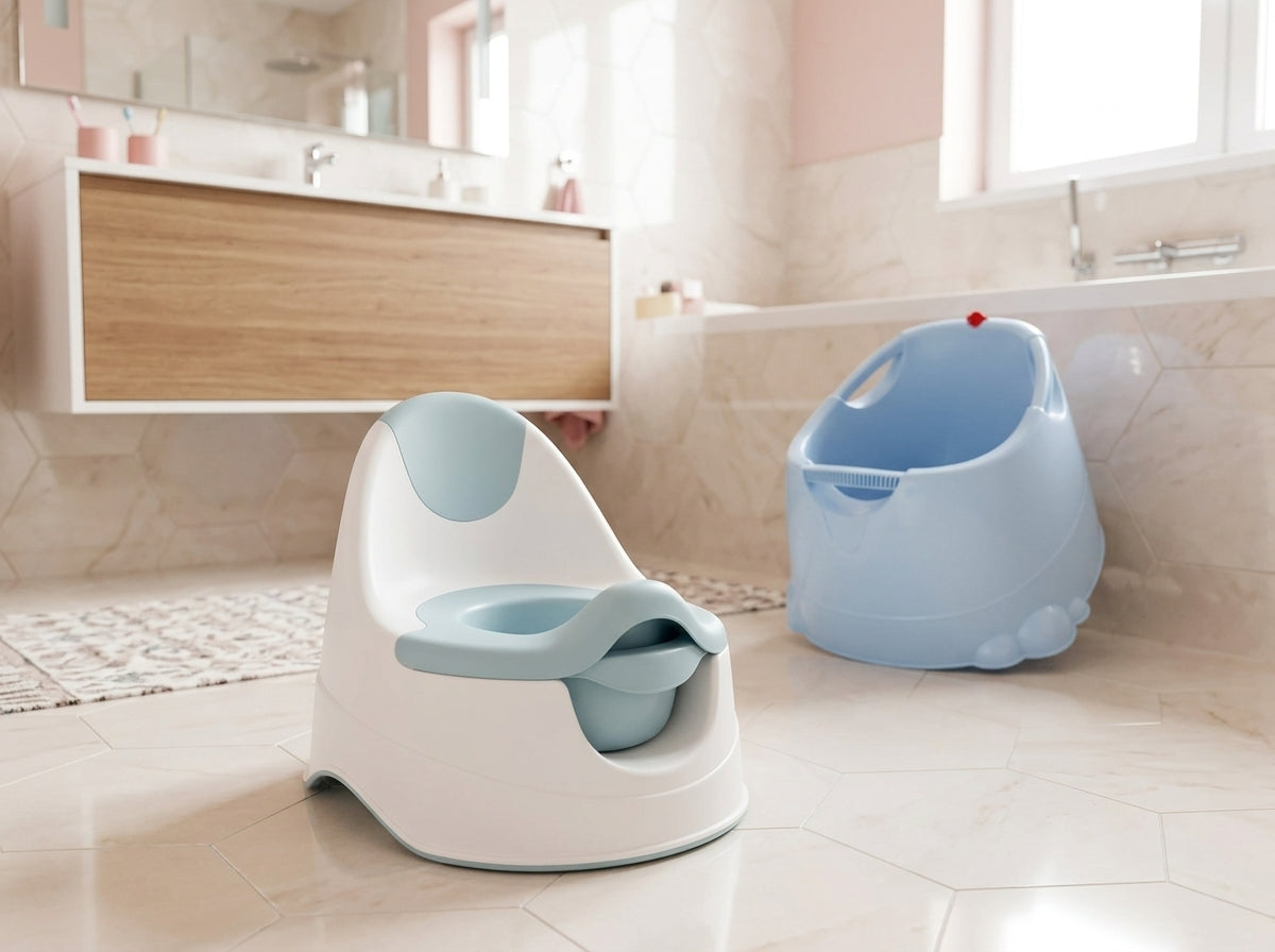 Pasha Plaspotje in wit in een moderne badkamer met Opla badje