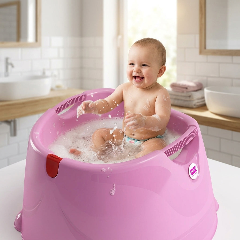 Blijde baby in Opla badje pastel roze tijdens badtijd