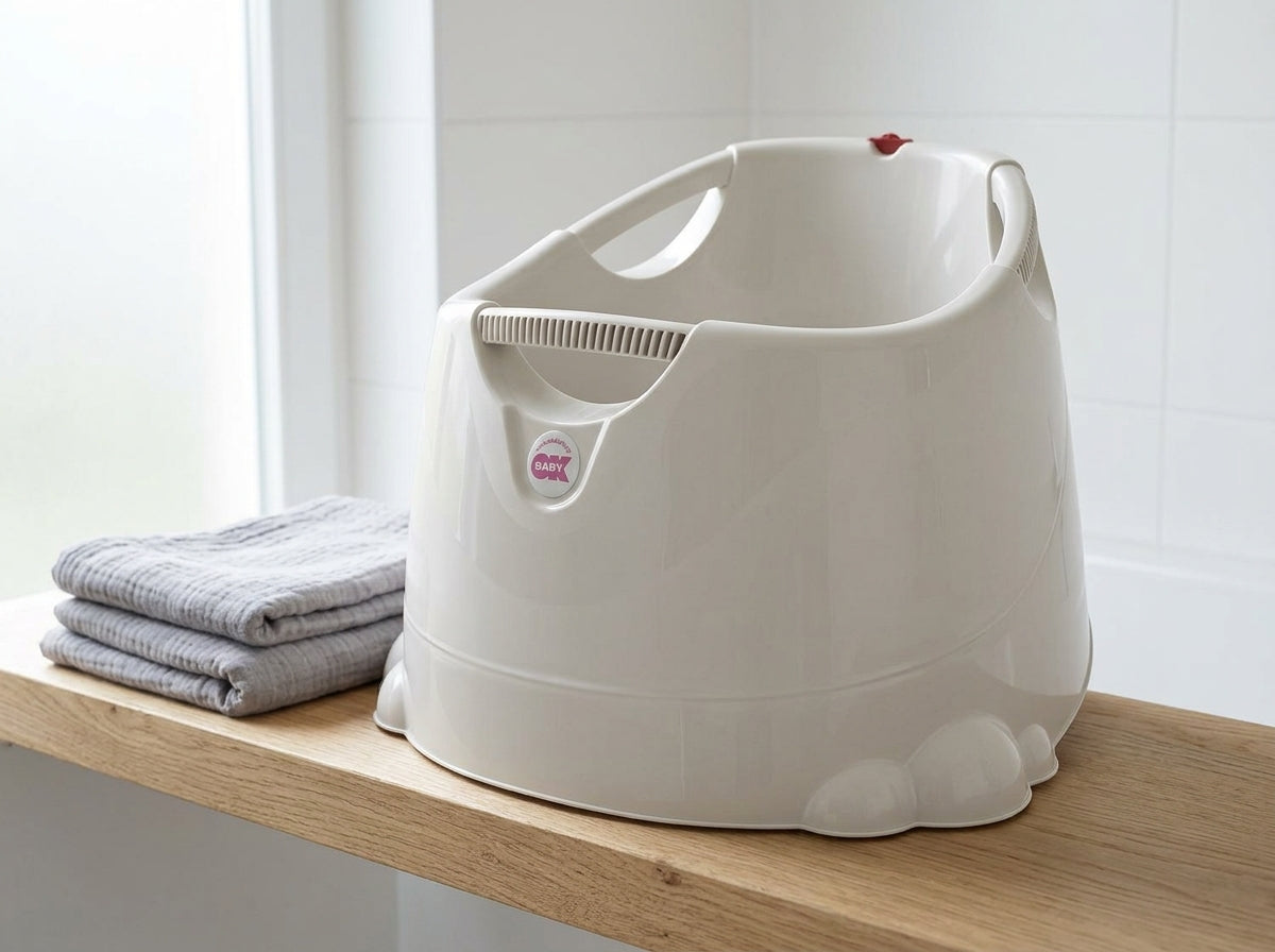 Opla badje ecru op een houten badkamerplank met handdoeken - realistische afmetingen